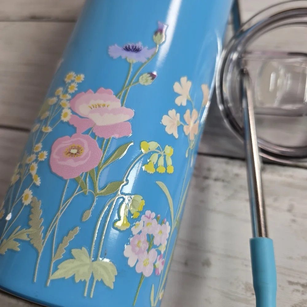 Blue Floral Insulated Tumbler with Straw